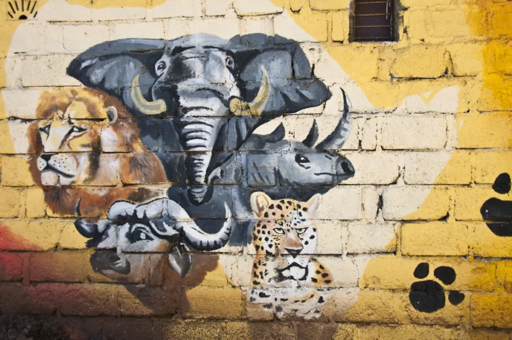 Mural pintado en la pared con los cinco grandes africanos