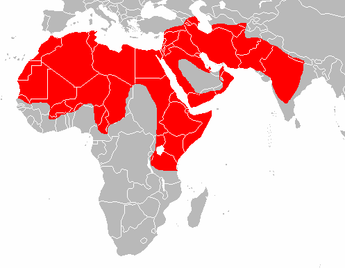 Mapa gris que muestra la distribución de la Hyaena Hyaena coloreada en rojo