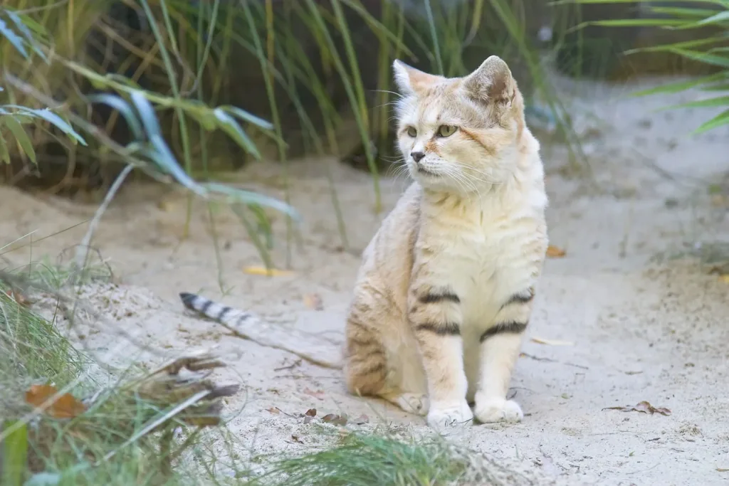 Vista frontal de un gato africano de arena sentado mirando a su derecha