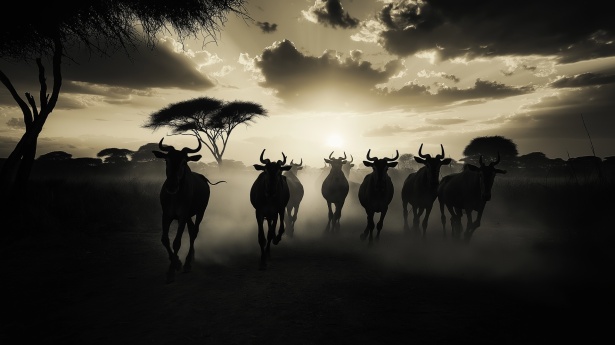Vista frontal de ñus africanos corriendo en negro antes del amanecer